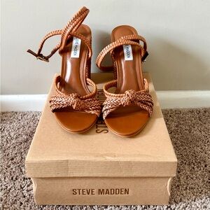 Steve Madden Cognac Braided Strap Block Heel Sandals